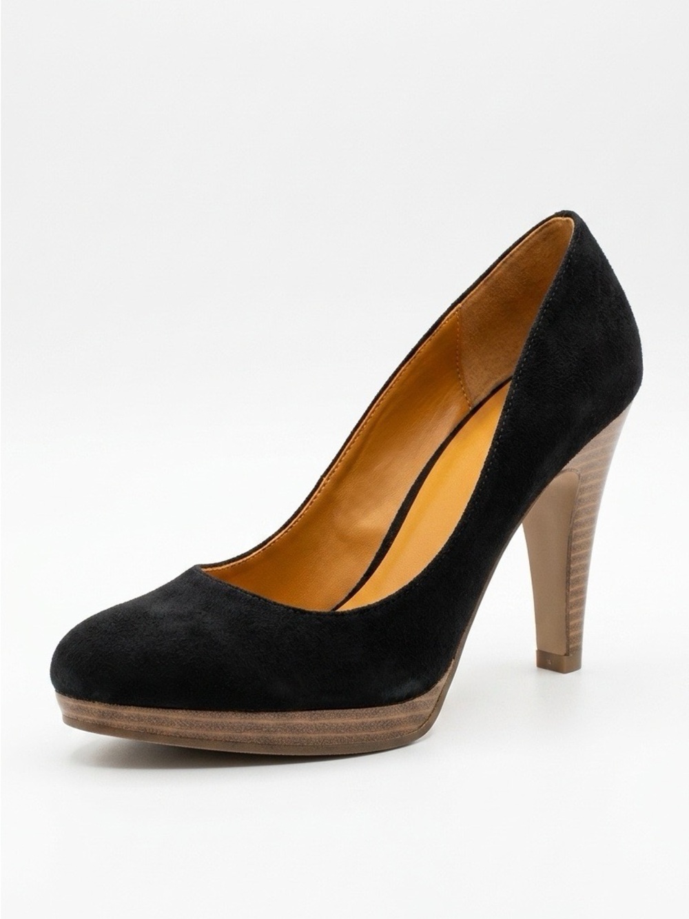 BLACK SUEDE FIONI PUMP SIZE 6.5 w 4” STACKED HEEL